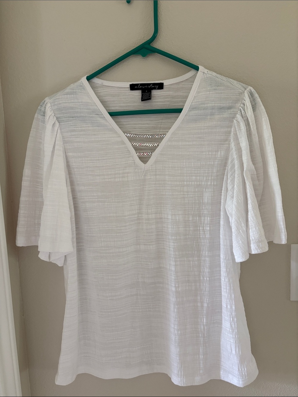 White V-Neck Flutter-Sleeve Blouse with sequin detail